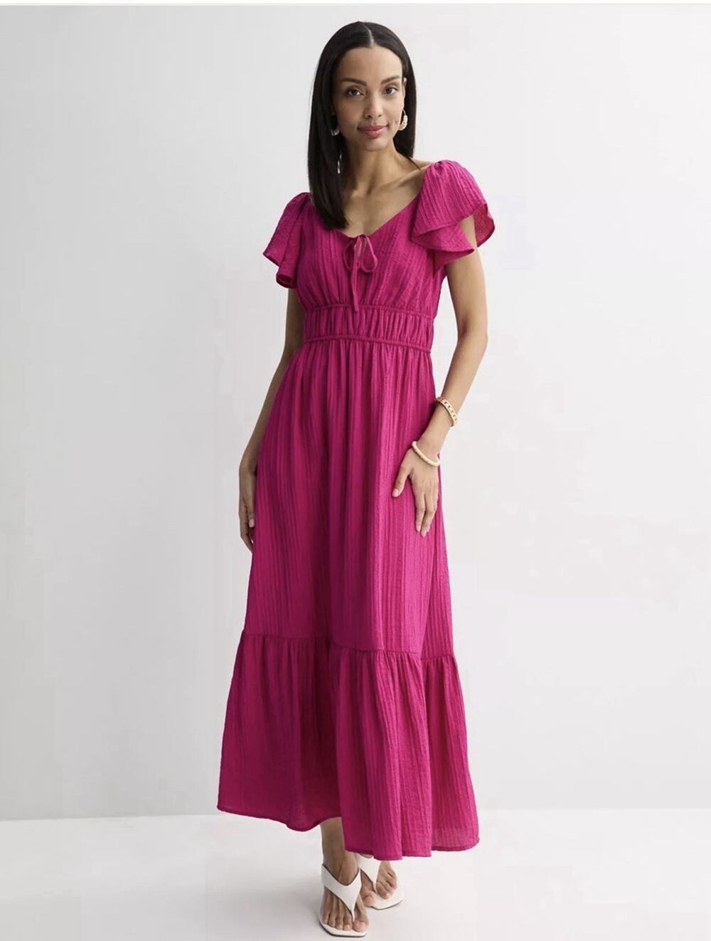 Nine West Flutter Sleeve Maxi Dress XL Rose Retreat Pink Tiered NWT